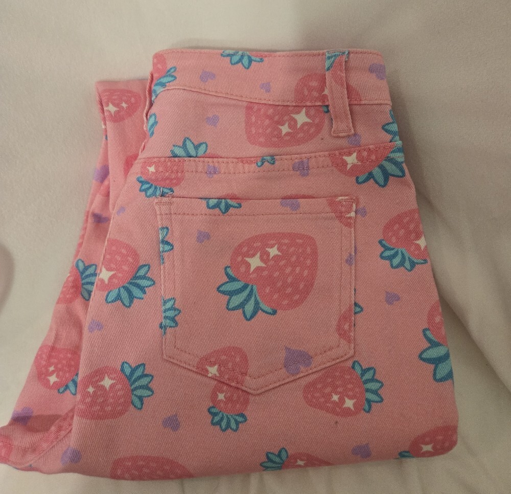 Sugar Thrillz Pink Strawberry Print Straight Leg Jeans - Picture 7 of 7